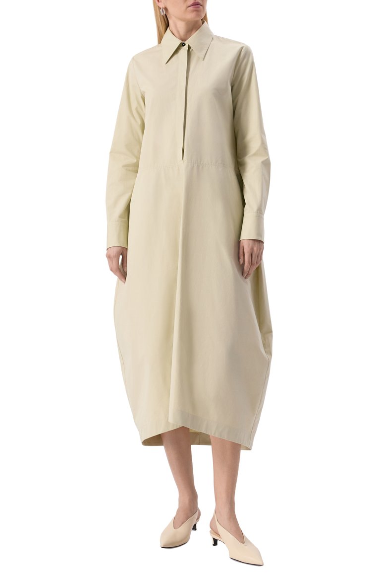 Женское хлопковое платье JIL SANDER светло-зеленого цвета, арт. J04CT0005-J45002 | Фото 3 (Длина Ж (юбки, платья, шорты): Миди; Рукава: Длинные; Драгоценные камни: Проставлено; Материал сплава: Проставлено; Случай: Повседневный; Женское Кросс-КТ: Платье-одежда; Стили: Кэжуэл; Материал внешний: Хлопок)