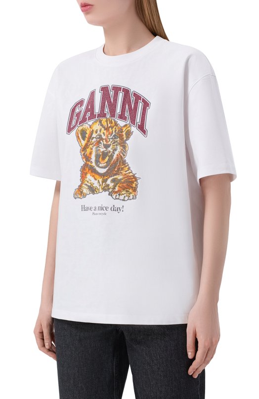 Хлопковая футболка Ganni A1050060 Белый  A1050060 Фото 3