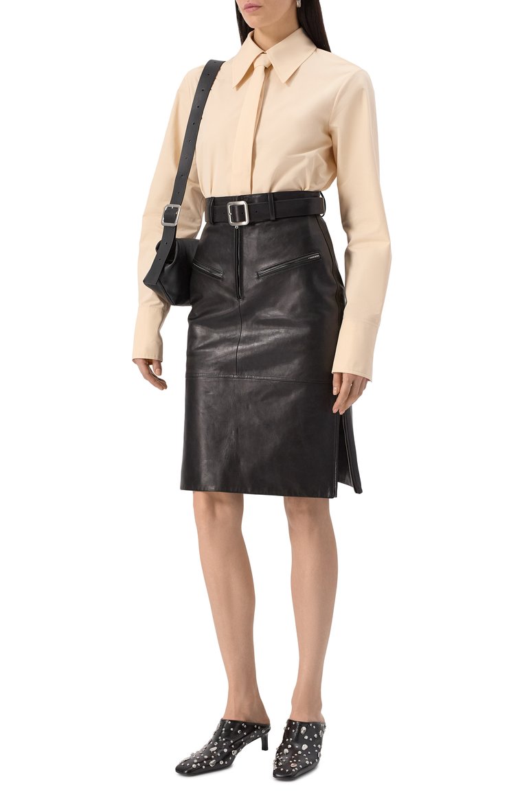 Женская кожаная юбка JIL SANDER черного цвета, арт. J03MA0229-J07207 | Фото 2 (Автоматизация ТО: Проставлено; Автоматизация состава: Проставлено; Длина Ж (юбки, платья, шорты): До колена; Материал внешний: Натуральная кожа; Женское Кросс-КТ: Юбка-карандаш; Стили: Повседневный)