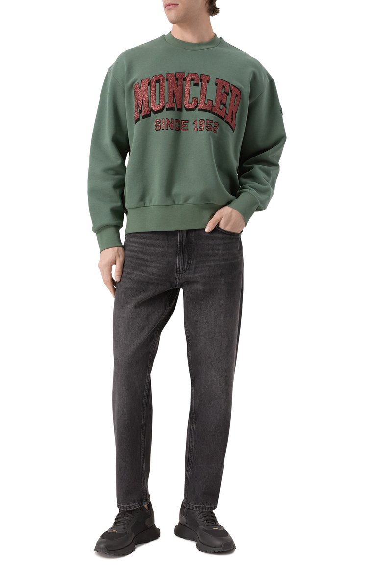 Мужской хлопковый свитшот MONCLER зеленого цвета, арт. 8G00019/M2642/87E | Фото 2 (Длина (для топов): Стандартные; Материал внешний: Хлопок; Рукава: Длинные; Принт: С принтом; Мужское Кросс-КТ: свитшот-одежда; Стили: Спорт-шик; Детали: Без декора; Автоматизация ТО: Проставлено; Автоматизация состава: Проставлено)
