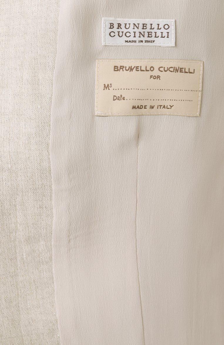 Женский льняной жакет BRUNELLO CUCINELLI светло-бежевого цвета, арт. MH5477221 | Фото 7 (Материал сплава: Проставлено; Материал внешний: Лен; Рукава: Длинные; Драгоценные камни: Проставлено; Длина (для топов): Удлиненные; Кросс-КТ: костюм; Женское Кросс-КТ: Жакет-одежда; Стили: Кэжуэл; 1-2-бортные: Однобортные)