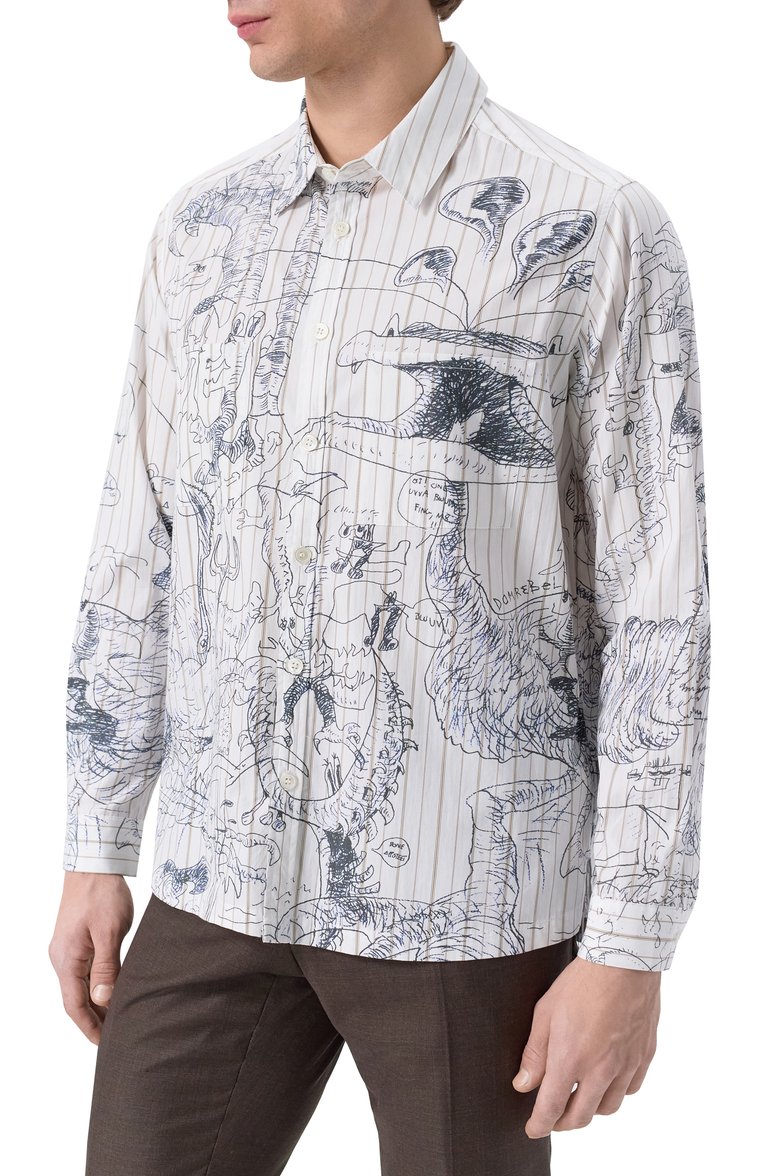 Мужская хлопковая рубашка DOMREBEL белого цвета, арт. UT0PIA/L0NGSLEEVE SHIRT | Фото 3 (Рукава: Длинные; Длина (для топов): Стандартные; Материал внешний: Хлопок; Манжеты: На пуговицах; Принт: С принтом; Воротник: Кент; Случай: Повседневный; Стили: Гранж)