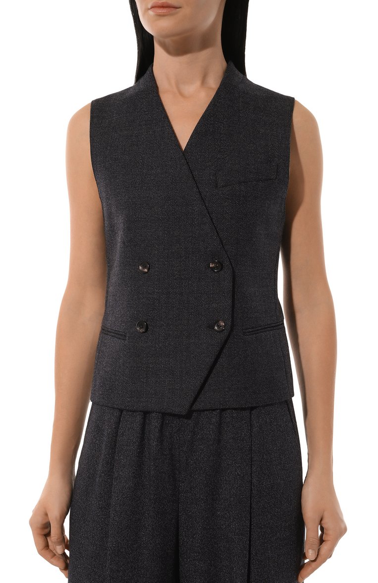 Женский шерстяной жилет EMPORIO ARMANI темно-синего цвета, арт. EW001093/TE11222 | Фото 3 (Материал внешний: Шерсть; Длина (верхняя одежда): Короткие; Женское Кросс-КТ: Жилет-одежда; Кросс-КТ: костюм; Стили: Классический)