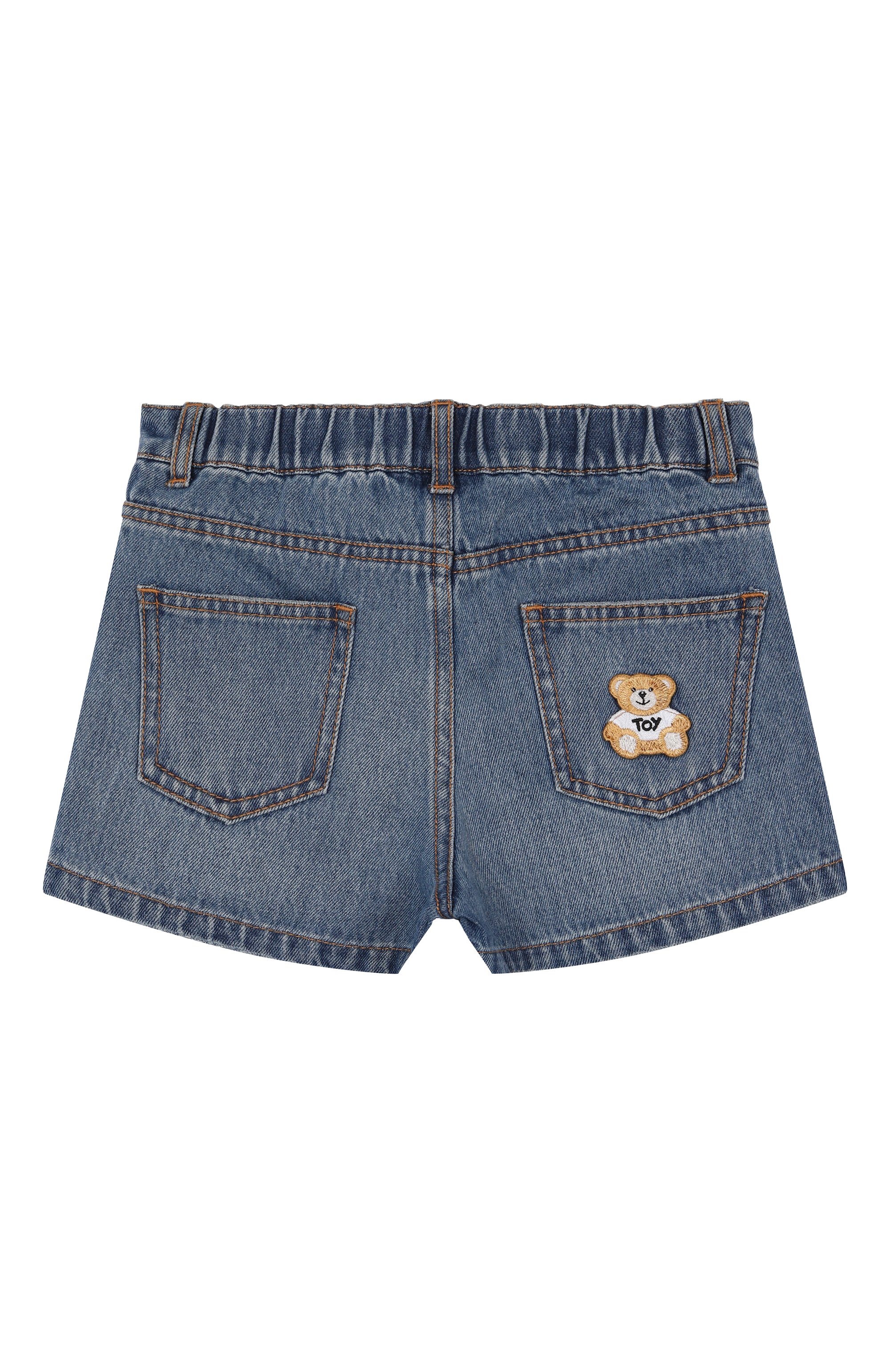 Джинсовые шорты MOSCHINO синего цвета по цене 15100 руб., арт. HDQ010/L0E35/4-8, фото 2 Джинсовые шорты MOSCHINO, арт. HDQ010/L0E35/4-8, фото 2