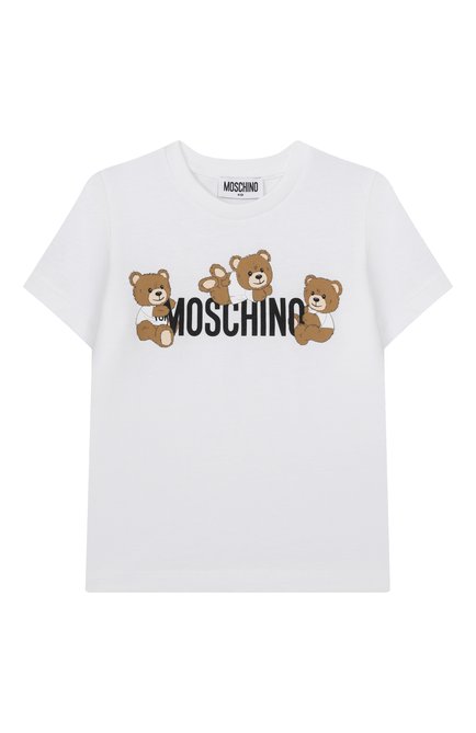 Детская хлопковая футболка MOSCHINO белого цвета, арт. HUM059/LAA23/4-8 | Фото 1 (Рукава: Короткие; Материал сплава: Проставлено; Драгоценные камни: Проставлено; Материал внешний: Хлопок)