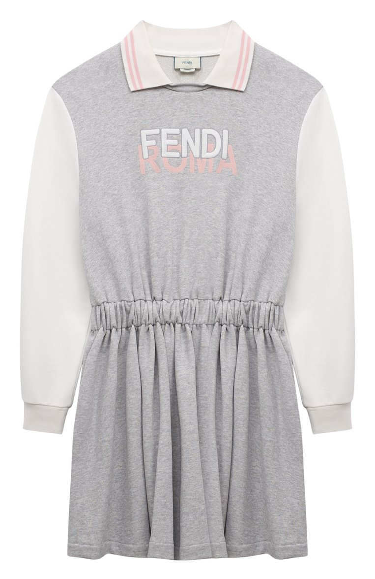 Детское хлопковое платье FENDI серого цвета, арт. JFB638/5V0/8A-12+ | Фото 1 (Рукава: Длинные; Драгоценные камни: Проставлено; Материал сплава: Проставлено; Материал внешний: Хлопок; Случай: Повседневный; Девочки Кросс-КТ: Платье-одежда; Ростовка одежда: 12 лет | 152 см, 13 - 15 лет | 158 см, 10 - 11 лет | 140 - 146см, 8 лет | 128 см)