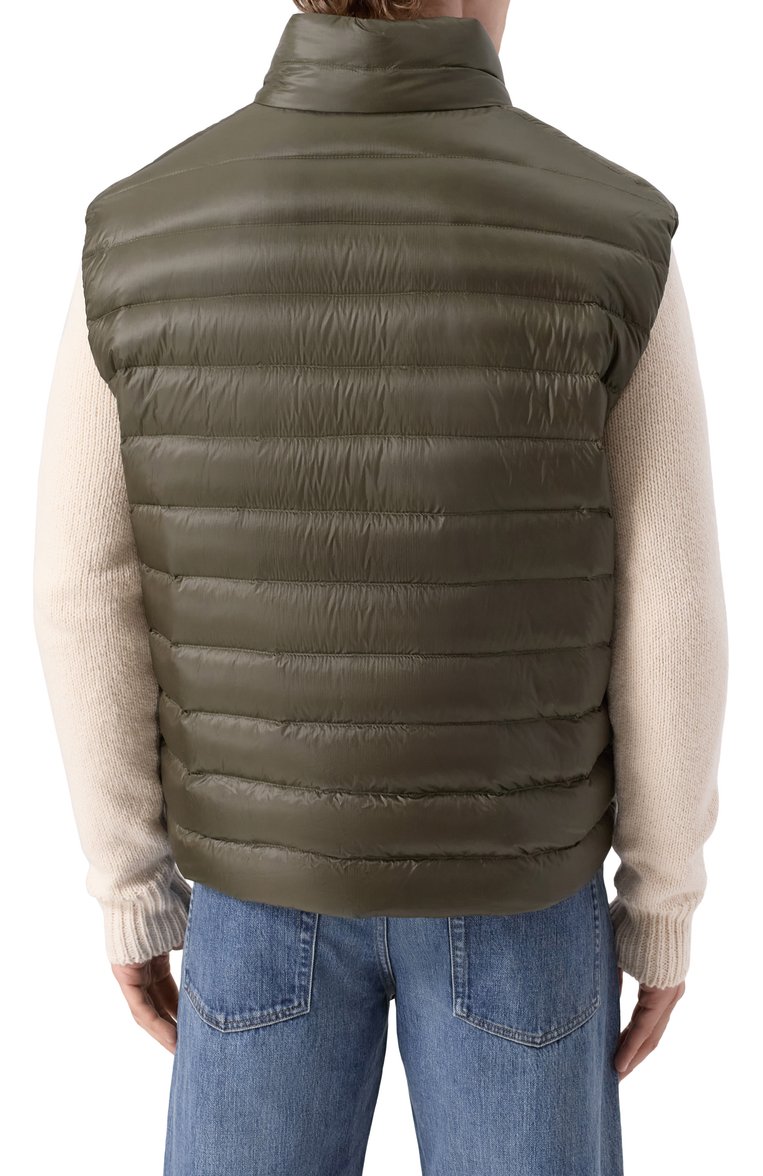 Мужской пуховый жилет JIL SANDER хаки цвета, арт. J47AF0148-J70122 | Фото 4 (Длина (верхняя одежда): Короткие; Материал внешний: Синтетический материал; Материал подклада: Синтетический материал; Автоматизация ТО: Проставлено; Автоматизация состава: Проставлено; Материал утеплителя: Пух и перо; Стили: Кэжуэл; Мужское Кросс-КТ: жилеты-объемные)