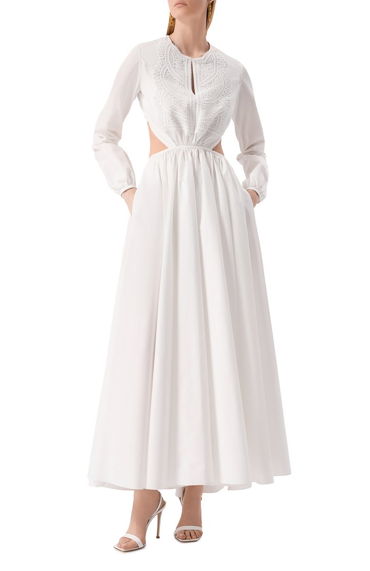 Женское хлопковое платье GIAMBATTISTA VALLI белого цвета, арт. 25SSPVTE5164-40P0P | Фото 3 (Рукава: Длинные; Материал внешний: Хлопок; Длина Ж (юбки, платья, шорты): Макси; Случай: Вечерний; Женское Кросс-КТ: Платье-одежда; Стили: Романтичный; Автоматизация ТО: Проставлено; Автоматизация состава: Проставлено)