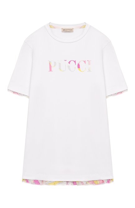 Детское хлопковое мини-платье EMILIO PUCCI белого цвета, арт. 9K1121/KA040/10-14 | Фото 1 (Статус проверки: Проверена категория, Проверено; Материал внешний: Хлопок; Девочки Кросс-КТ: Платье-одежда; Рукава: Короткие; Ростовка одежда: 10 - 11 лет | 140 - 146см, 12 лет | 152 см)