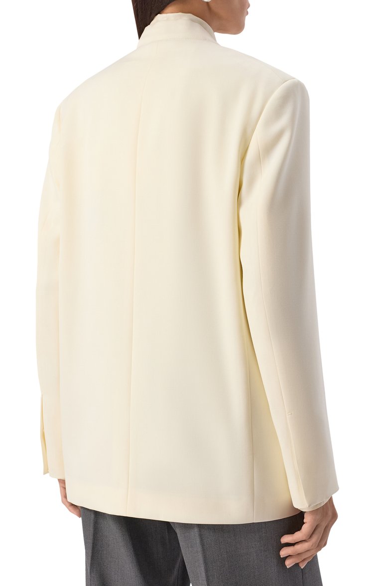 Женский шерстяной жакет JIL SANDER кремового цвета, арт. J04BN0108-J40021 | Фото 4 (Длина (для топов): Удлиненные; Материал внешний: Шерсть; Рукава: Длинные; 1-2-бортные: Однобортные; Женское Кросс-КТ: Жакет-одежда; Стили: Минимализм; Материал подклада: Вискоза)