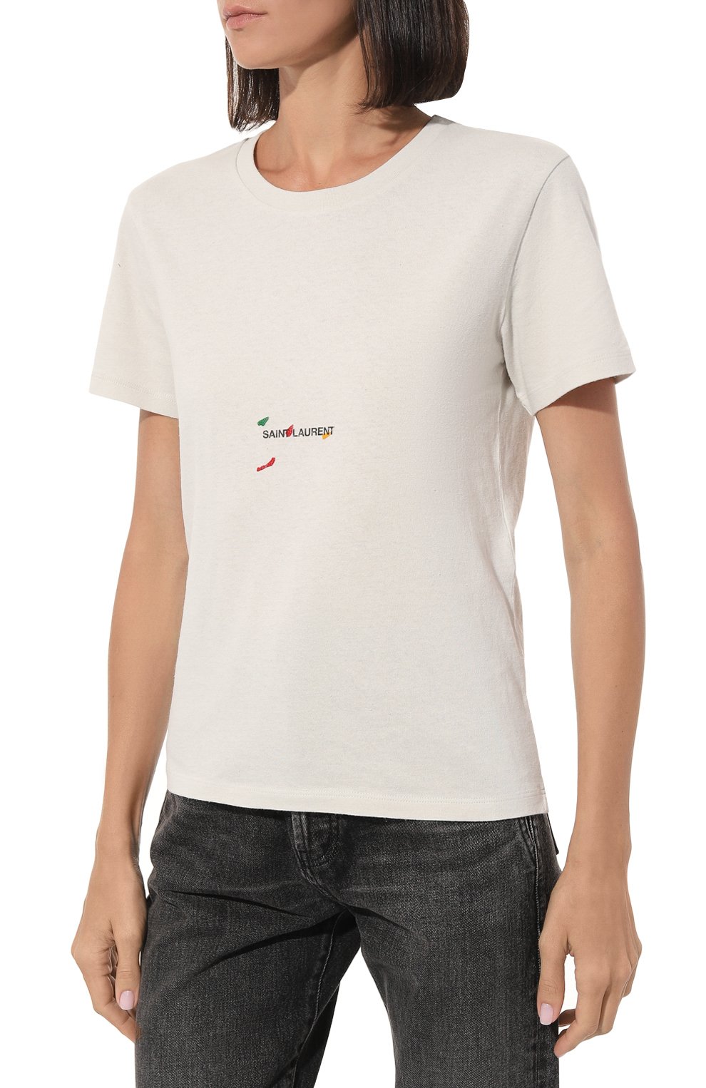 Хлопковая футболка SAINT LAURENT светло-серого цвета по цене 43450 руб., арт. 686229, фото 3 Хлопковая футболка SAINT LAURENT, арт. 686229, фото 3