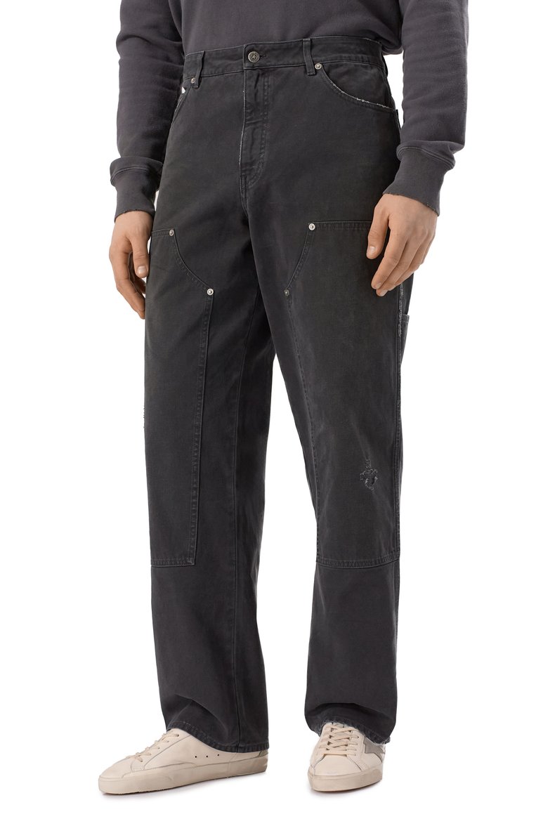 Мужские джинсы GOLDEN GOOSE DELUXE BRAND темно-серого цвета, арт. GMP01942.P001921 | Фото 3 (Длина (брюки, джинсы): Стандартные; Материал внешний: Хлопок, Деним; Силуэт М (брюки): Широкие; Детали: Потертости; Кросс-КТ: Деним; Стили: Streetwear)