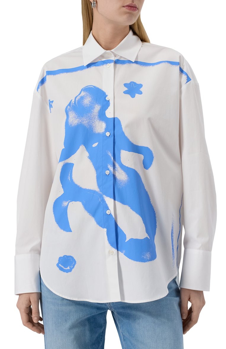 Женская хлопковая рубашка MSGM белого цвета, арт. 3841MDE23X/257100 | Фото 3 (Длина (для топов): Удлиненные; Материал внешний: Хлопок; Рукава: Длинные; Женское Кросс-КТ: Рубашка-одежда; Принт: С принтом; Стили: Кэжуэл)