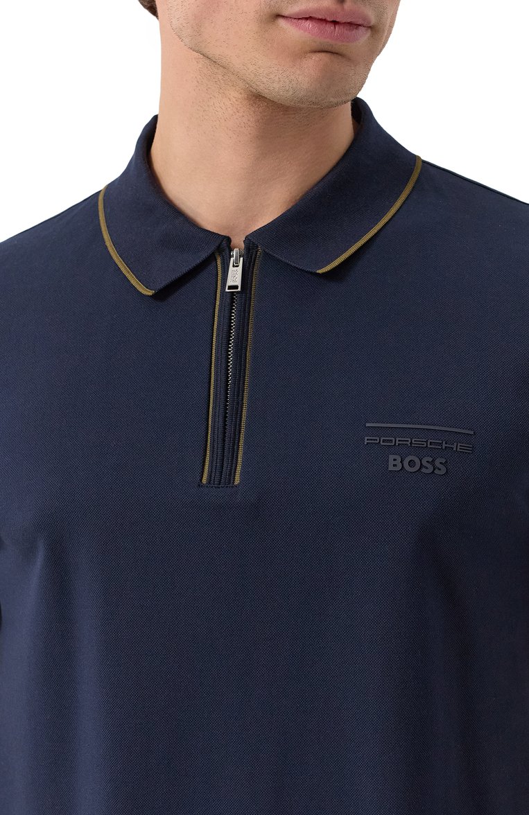 Мужское хлопковое поло boss x porsche BOSS темно-синего цвета, арт. 50531463 | Фото 5 (Рукава: Короткие; Длина (для топов): Стандартные; Материал внешний: Хлопок; Принт: Без принта; Застежка: Молния; Стили: Кэжуэл; Кросс-КТ: Джерси; Мужское Кросс-КТ: Футболка-одежда)