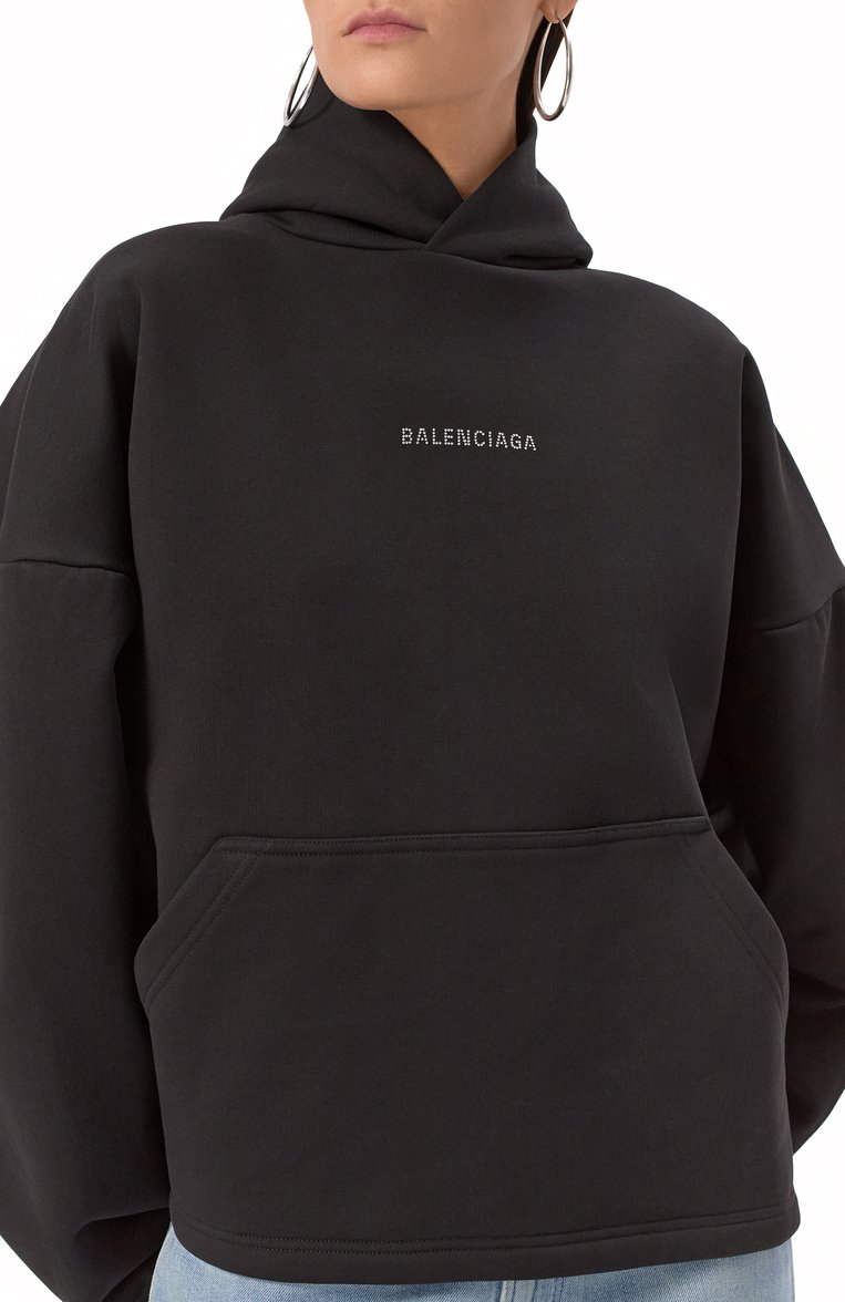 Женский хлопковое худи BALENCIAGA черного цвета, арт. 818545/TQVY1 | Фото 5 (Длина (для топов): Стандартные; Рукава: Длинные; Материал внешний: Хлопок; Стили: Кэжуэл; Женское Кросс-КТ: Худи-одежда)