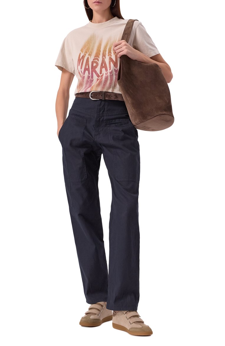Женская хлопковая футболка ISABEL MARANT ETOILE бежевого цвета, арт. 25PTS0147FA-C1N07E | Фото 2 (Длина (для топов): Стандартные; Материал внешний: Хлопок; Рукава: Короткие; Принт: С принтом; Женское Кросс-КТ: Футболка-одежда; Стили: Кэжуэл)
