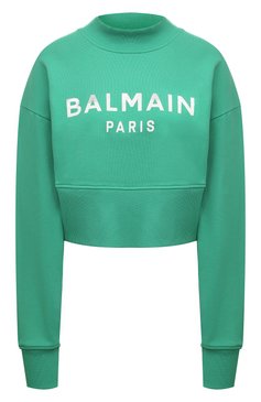 Женский хлопковый свитшот BALMAIN зеленого цвета, арт. BF0J0042/BC55 | Фото 1 (Рукава: Длинные; Материал сплава: Проставлено; Материал внешний: Хлопок; Стили: Спорт-шик; Драгоценные камни: Проставлено; Длина (для топов): Укороченные; Женское Кросс-КТ: Свитшот-одежда)