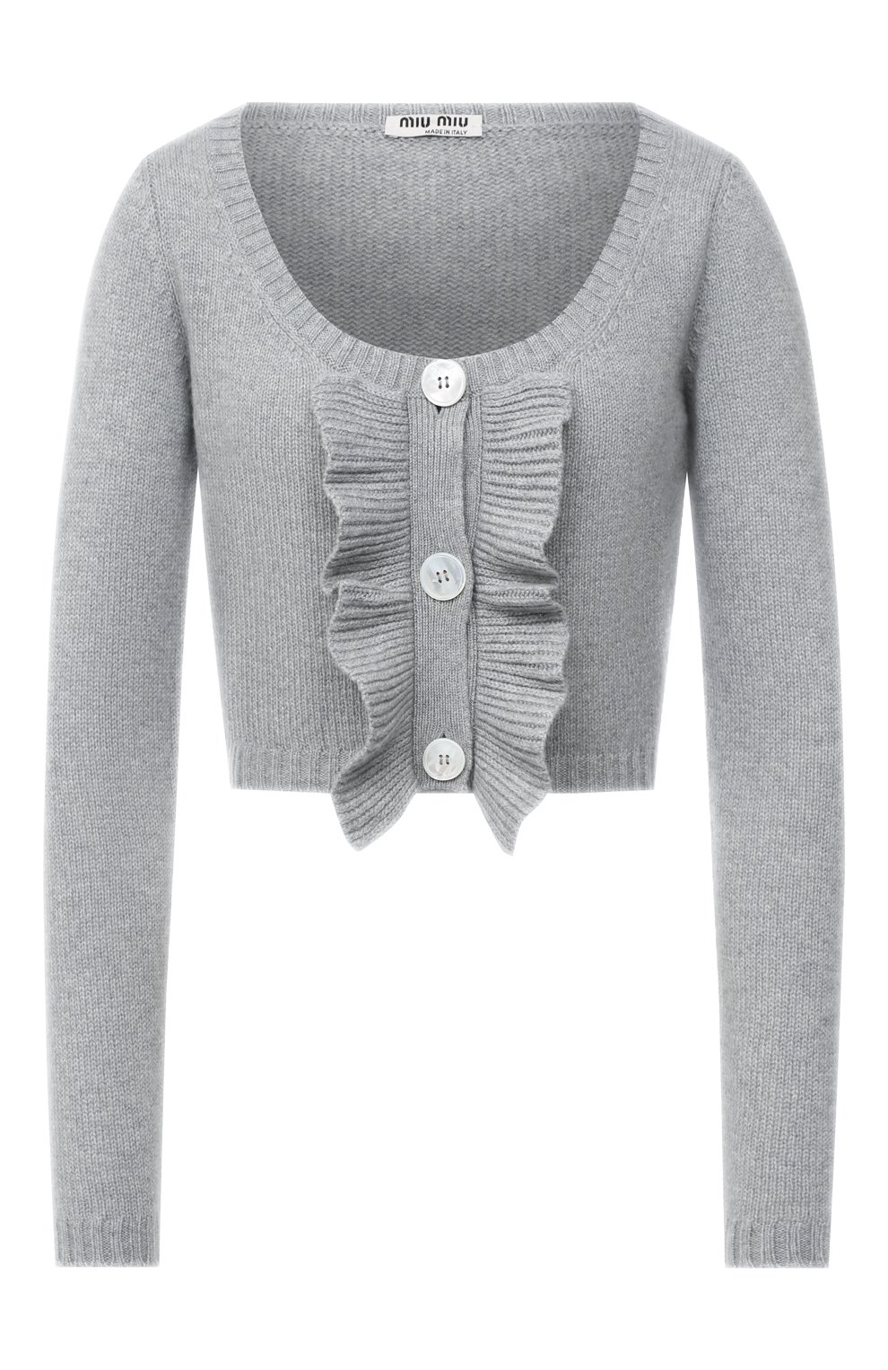 Кашемировый кардиган MIU MIU серого цвета по цене 110000 руб., арт. MMF258-1G3W-F0031, фото 1 Кашемировый кардиган MIU MIU, арт. MMF258-1G3W-F0031, фото 1