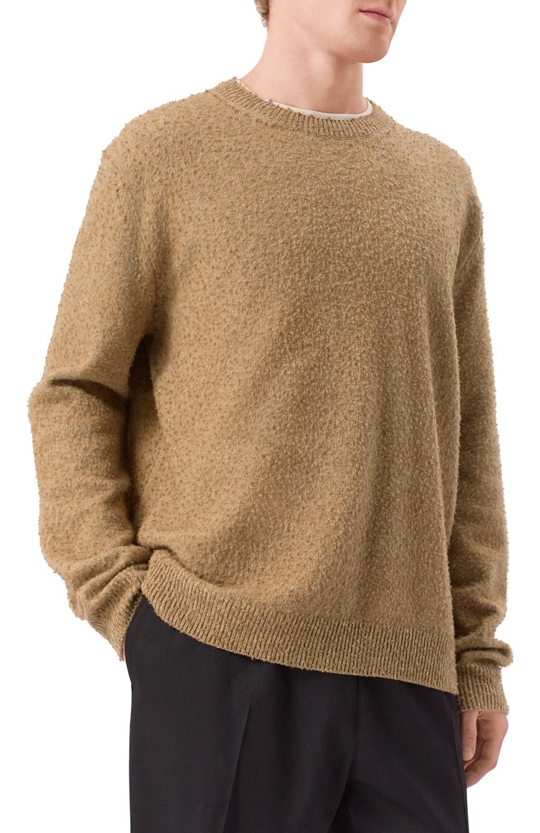 Мужской джемпер из хлопка и шерсти MAISON MARGIELA бежевого цвета, арт. S50HL0033/M13108 | Фото 3 (Материал внешний: Шерсть, Хлопок; Принт: Без принта; Вырез: Круглый; Стили: Кэжуэл; Мужское Кросс-КТ: Джемперы; Женское Кросс-КТ: Пуловер-одежда; Длина (для топов): Стандартные; Автоматизация ТО: Проставлено; Рукава: Длинные; Автоматизация состава: Проставлено; Детали: Без декора)