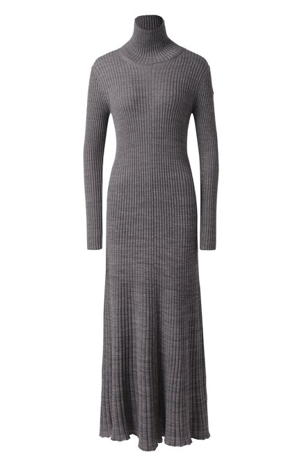 Женское шерстяное платье MONCLER серого цвета, арт. 9L000-08-M1180 | Фото 1 (Длина Ж (юбки, платья, шорты): Миди; Драгоценные камни: Проставлено; Материал внешний: Шерсть; Рукава: Короткие; Материал сплава: Проставлено)