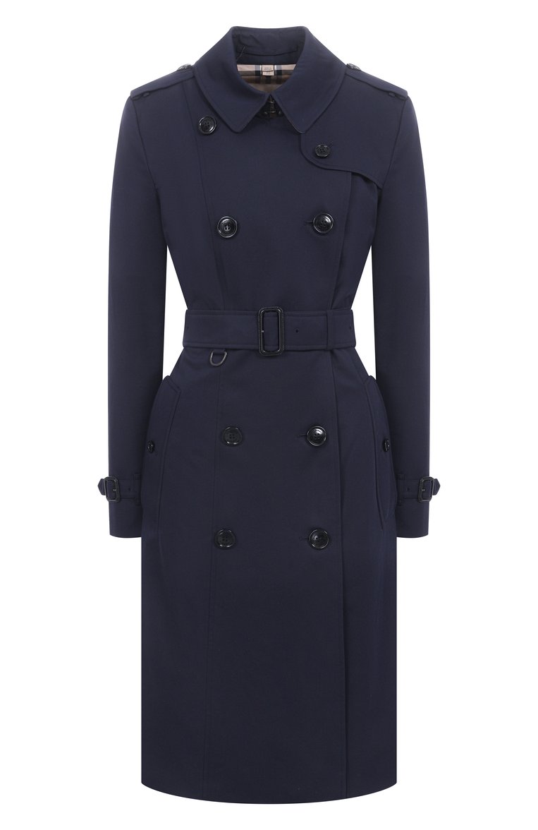 Женский хлопковый тренч BURBERRY синего цвета, арт. 8059269 | Фото 1 (Длина (верхняя одежда): До колена; Материал подклада: Хлопок; Материал внешний: Хлопок; Рукава: Длинные; Стили: Классический; Кросс-КТ: Куртка)