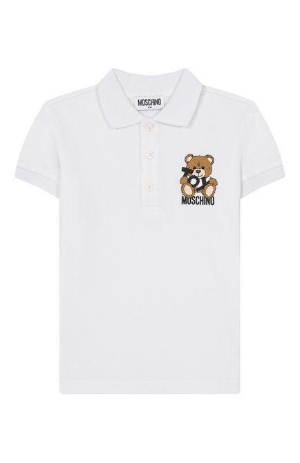 Детское хлопковое поло MOSCHINO белого цвета, арт. HRM03Y/LFA01/4-8 | Фото 1 (Материал сплава: Проставлено; Рукава: Короткие; Драгоценные камни: Проставлено; Материал внешний: Хлопок)