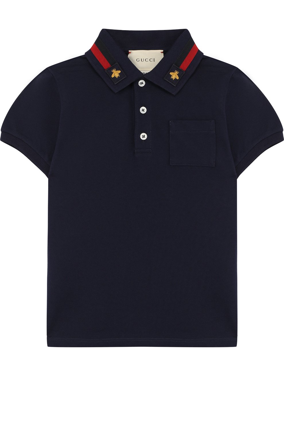 Хлопковое поло с декорированным воротником GUCCI синего цвета по цене 14200 руб., арт. 455206/X5J10, фото 1 Хлопковое поло с декорированным воротником GUCCI, арт. 455206/X5J10, фото 1