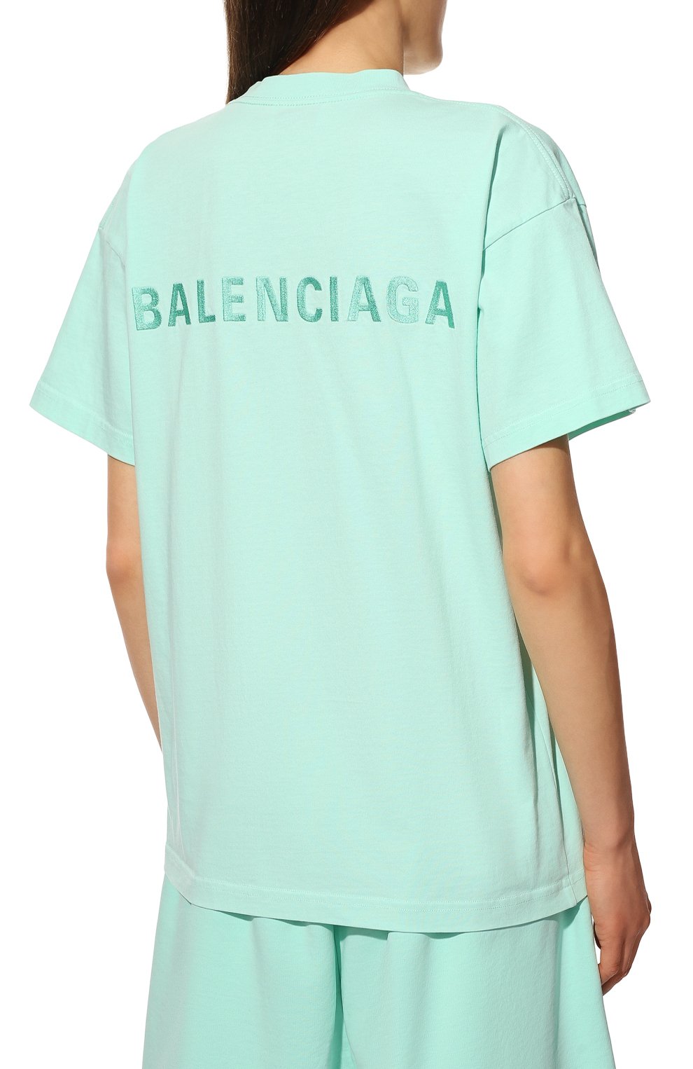 Хлопковая футболка BALENCIAGA бирюзового цвета по цене 89950 руб., арт. 612965/TLVB9, фото 4 Хлопковая футболка BALENCIAGA, арт. 612965/TLVB9, фото 4