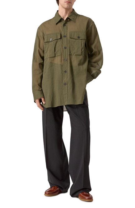 Мужская хлопковая рубашка DRIES VAN NOTEN хаки цвета, арт. 251-020721-1160 | Фото 2 (Длина (для топов): Удлиненные; Материал сплава: Проставлено; Драгоценные камни: Проставлено; Материал внешний: Хлопок; Рукава: Длинные)