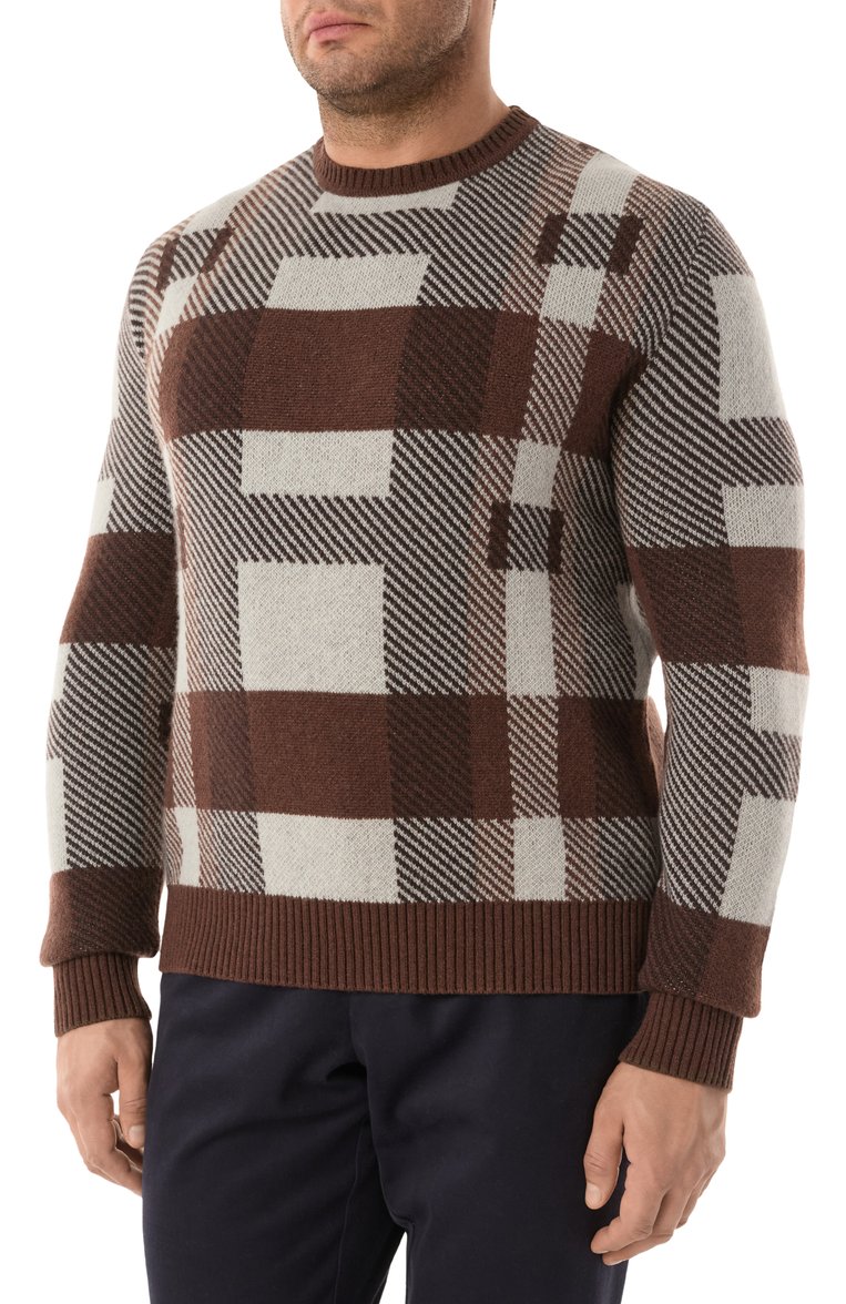 Мужской кашемировый джемпер KITON коричневого цвета, арт. UMK043303_4XL-7XL | Фото 3 (Рукава: Длинные; Длина (для топов): Стандартные; Материал внешний: Кашемир, Шерсть; Вырез: Круглый; Стили: Кэжуэл; Принт: С принтом; Мужское Кросс-КТ: Джемперы; Автоматизация состава: Проставлено; Детали: Без декора; Автоматизация ТО: Проставлено)