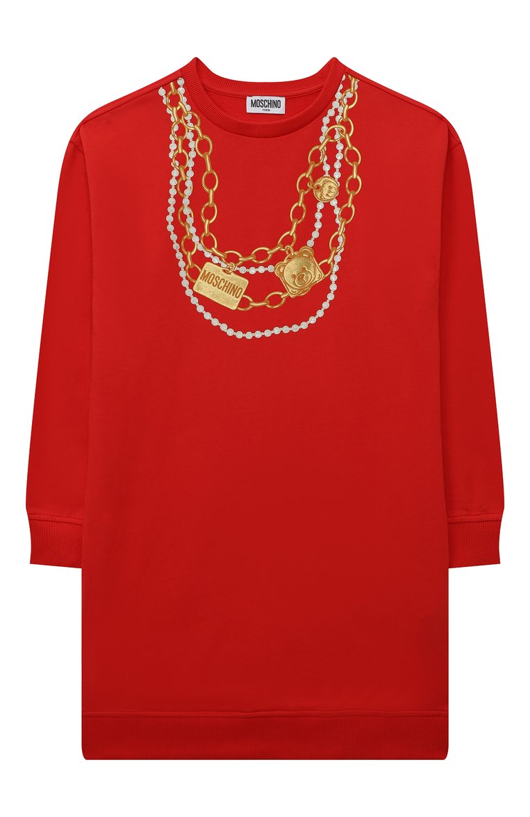 Детское хлопковое платье MOSCHINO красного цвета, арт. HDV0C4/LDA16/10A-14A | Фото 1 (Рукава: Длинные; Материал внешний: Хлопок)