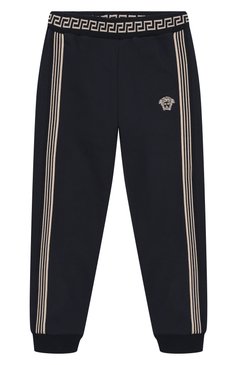 Детские хлопковые джоггеры VERSACE темно-синего цвета, арт. 1018290/1A11652/8A-14A | Фото 1 (Нос: Не проставлено; Материал внешний: Хлопок; Мальчики Кросс-КТ: Брюки-спорт, Джоггеры-одежда; Автоматизация состава: Проставлено; Ростовка одежда: 8 лет | 128 см, 12 лет | 152 см, 16 лет | 164 см, 10 - 11 лет | 140 - 146см)