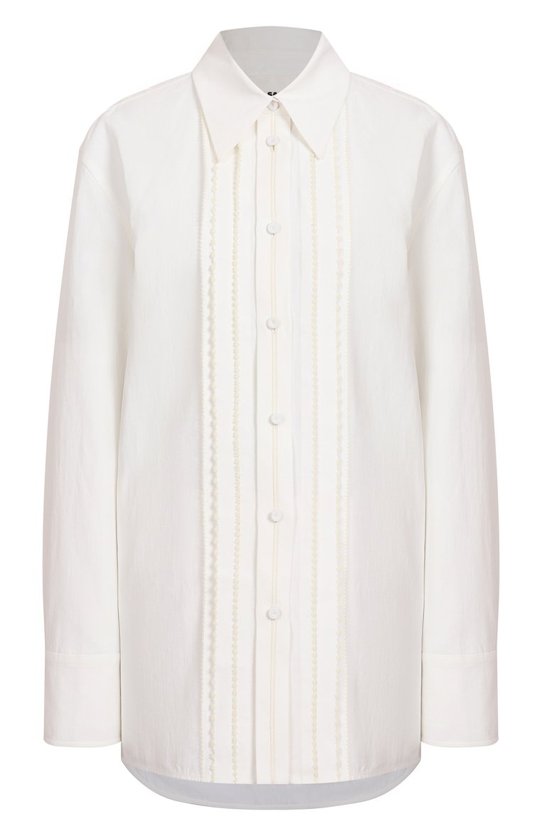 Женская льняная рубашка JIL SANDER белого цвета, арт. J02DL0224-J60001 | Фото 1 (Рукава: Длинные; Автоматизация ТО: Проставлено; Материал внешний: Лен; Автоматизация состава: Проставлено; Длина (для топов): Удлиненные; Принт: Без принта; Женское Кросс-КТ: Рубашка-одежда; Стили: Кэжуэл; Детали: Без декора)