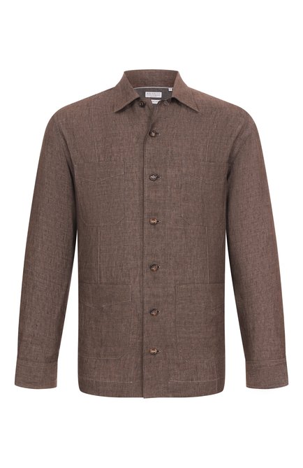 Мужская льняная рубашка BRUNELLO CUCINELLI коричневого цвета, арт. MM6950648 | Фото 1 (Материал сплава: Проставлено; Драгоценные камни: Проставлено; Рукава: Длинные; Длина (для топов): Стандартные; Материал внешний: Лен)
