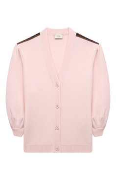 Детский шерстяной кардиган FENDI светло-розового цвета, арт. JFG063/A8L9/8A-12+ | Фото 1 (Рукава: Длинные; Материал внешний: Шерсть; Девочки Кросс-КТ: Кардиган-одежда; Региональные ограничения белый список (Axapta Mercury): RU; Драгоценные камни: Проставлено; Материал сплава: Проставлено; Ростовка одежда: 10 - 11 лет | 140 - 146см, 12 лет | 152 см, 8 лет | 128 см)
