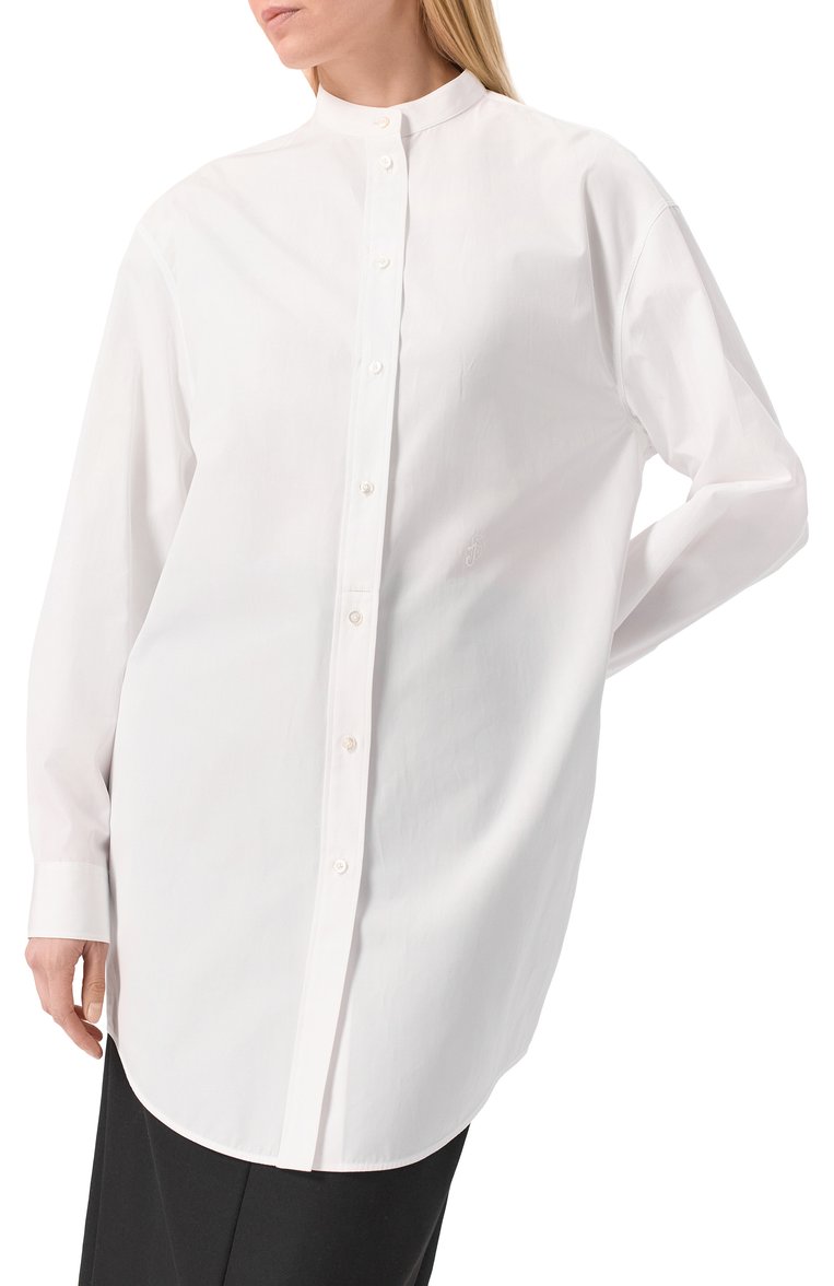 Женская хлопковая рубашка JIL SANDER белого цвета, арт. J05DL0110/J45001 | Фото 3 (Рукава: Длинные; Драгоценные камни: Проставлено; Мат�ериал сплава: Проставлено; Длина (для топов): Удлиненные; Стили: Кэжуэл; Принт: Без принта; Женское Кросс-КТ: Рубашка-одежда; Материал внешний: Хлопок)