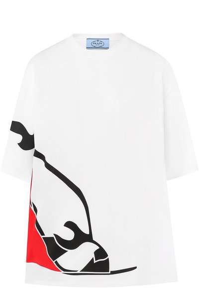 Женская хлопковая футболка с круглым вырезом и принтом PRADA, арт. 35976-1SDZ-F0964
