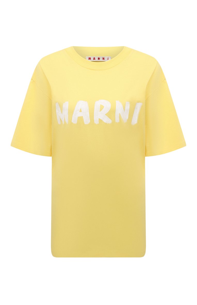 Женская хлопковая футболка MARNI желтого цвета, арт. THJET49EPH/USCS11 | Фото 1 (Длина (для топов): Стандартные; Материал внешний: Хлопок; Стили: Кэжуэл; Принт: С принтом; Рукава: Короткие)