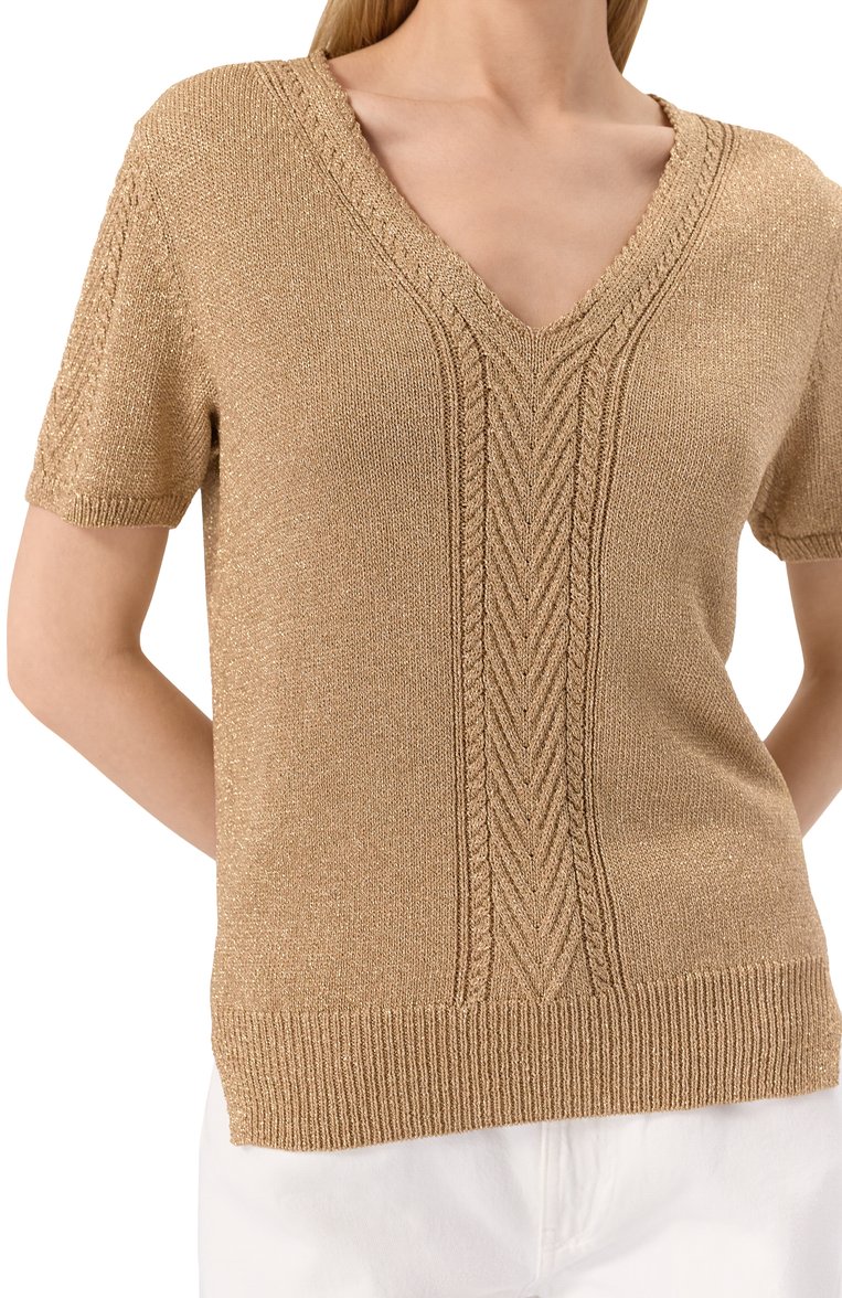 Женский пуловер из вискозы FREEAGE золотого цвета, арт. S25.JM122.9009.800 | Фото 5 (Длина (для топов): Стандартные; Рукава: Короткие; Материал внешний: Вискоза; Стили: Кэжуэл; Женское Кросс-КТ: Пуловер-одежда; Автоматизация состава: Проставлено; Автоматизация ТО: Проставлено)