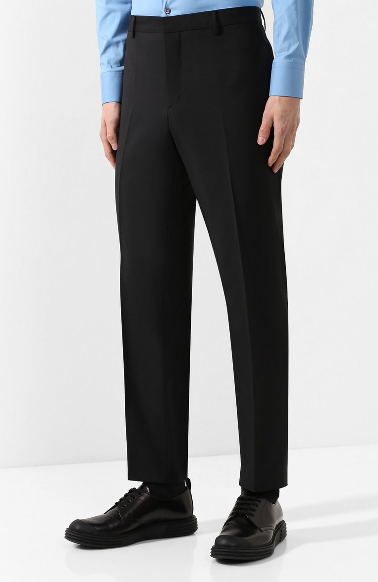 Мужские шерстяные брюки  PRADA черного цвета, арт. UPA841-D39-F0002 | Фото 3 (Статус пров�ерки: Проверена категория, Проверено; Материал внешний: Шерсть; Длина (брюки, джинсы): Стандартные; Случай: Формальный; Стили: Классический)