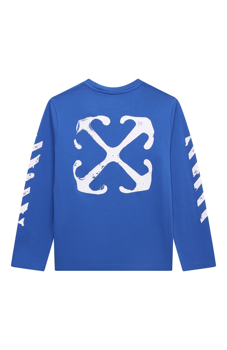 Детская хлопковый лонгслив OFF-WHITE синего цвета, арт. 0BAB001S24JER003/4-10 | Фото 2 (Материал внешний: Хлопок; Рукава: Длинные; Материал сплава: Проставлено; Драгоценные камни: Проставлено; Мальчики Кросс-КТ: Лонгслив-одежда; Ростовка одежда: 4 года | 104 см, 8 лет | 128 см, 10 - 11 лет | 140 - 146см, 6 лет | 116 см)