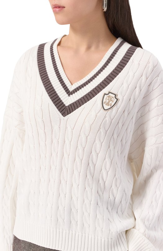 Хлопковый пуловер Brunello Cucinelli M19756512 Кремовый  M19756512 Фото 5