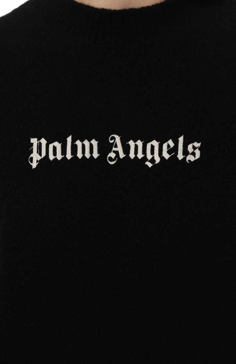 Мужской джемпер из шерсти и кашемира PALM ANGELS черного цвета, арт. PMHE054F23KNI0041001 | Фото 5 (Драгоценные камни: Проставлено; Материал внешний: Шерсть; Рукава: Длинные; Материал сплава: Проставлено; Длина (для топов): Стандартные; Мужское Кросс-КТ: Джемперы; Принт: С принтом; Вырез: Круглый; Стили: Гранж)