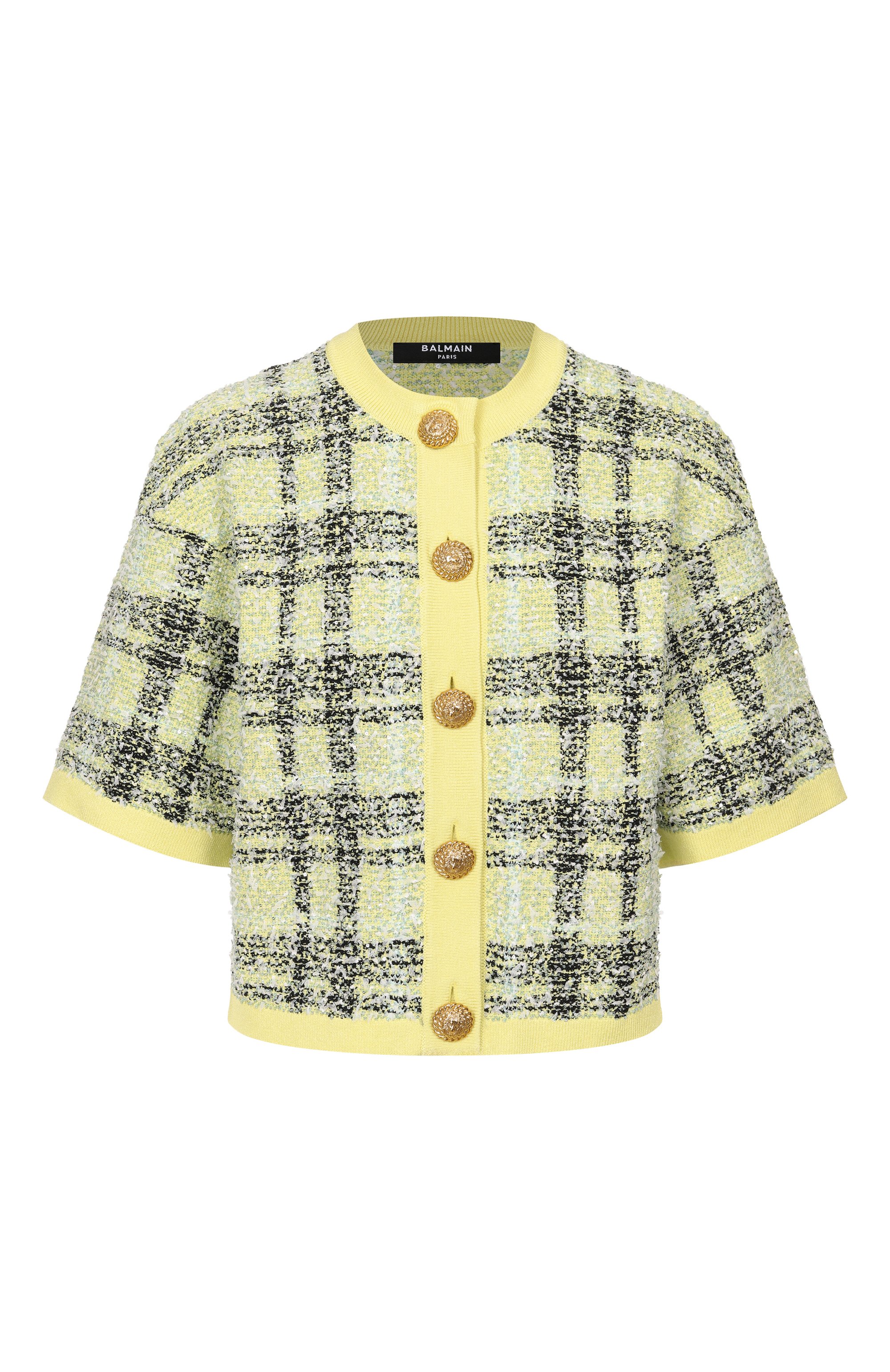 Твидовый кардиган BALMAIN желтого цвета по цене 315500 руб., арт. GF1SB230/KJ56, фото 1 Твидовый кардиган BALMAIN, арт. GF1SB230/KJ56, фото 1
