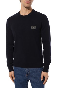 Мужской джемпер из шерсти и кашемира DOLCE & GABBANA темно-синего цвета, арт. GX039T/JEMQ4 | Фото 3 (Драгоценные камни: Проставлено; Рукава: Длинные; Материал внешний: Шерсть; Длина (для топов): Стандартные; Материал сплава: Проставлено; Мужское Кросс-КТ: Джемперы; Вырез: Круглый; Стили: Кэжуэл; Принт: Без принта)