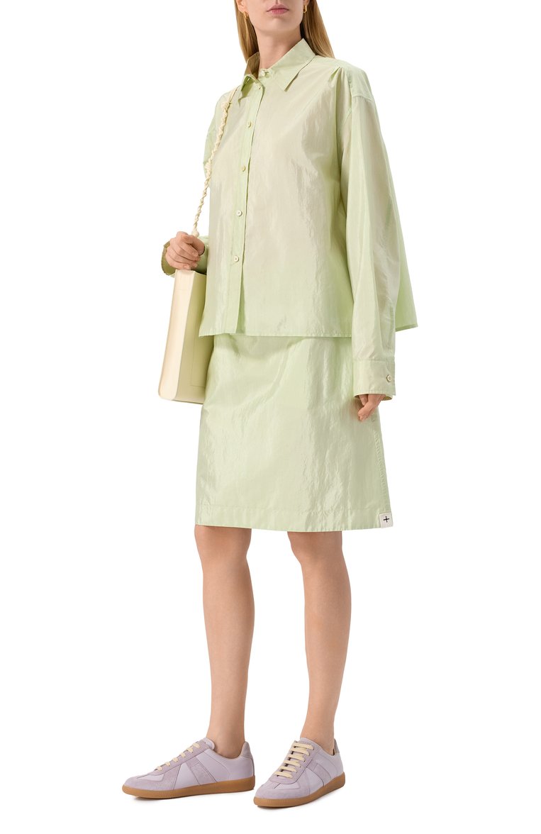 Женская юбка JIL SANDER светло-зеленого цвета, арт. J40MA0169-J70003 | Фото 2 (Материал внешний: Шелк, Синтетический материал; Стили: Минимализм; Кросс-КТ: костюм; Длина Ж (юбки, платья, шорты): Мини; Автоматизация ТО: Проставлено; Автоматизация состава: Проставлено)