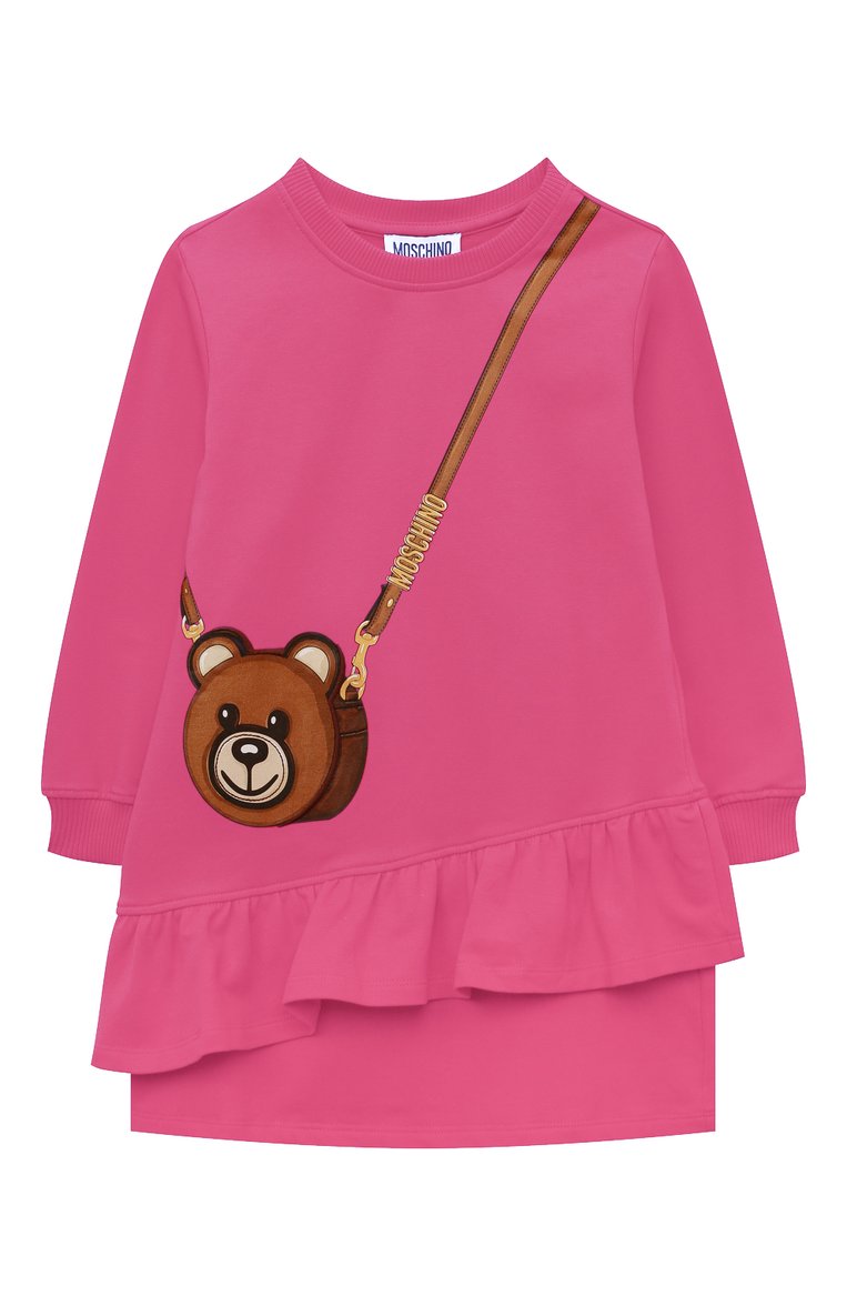 Детское хлопковое платье MOSCHINO фуксия цвета, арт. HDV0C0/LDA16/10A-14A | Фото 1 (Рукава: Длинные; Материал внешний: Хлопок; Девочки Кросс-КТ: Платье-одежда; Случай: Повседневный)