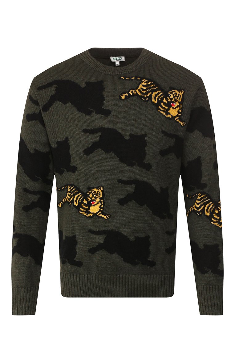 Мужской джемпер из смеси хлопка и шерсти KENZO хаки цвета, арт. F965PU2113LA | Фото 1 (Рукава: Длинные; Мужское Кросс-КТ: Джемперы; Длина (для топов): Стандартные; Рукава от горловины: Длинные; Материал внешний: Хлопок; Статус проверки: Проверено, Проверена категория; Вырез: Круглый; Принт: С принтом; Стили: Кэжуэл)