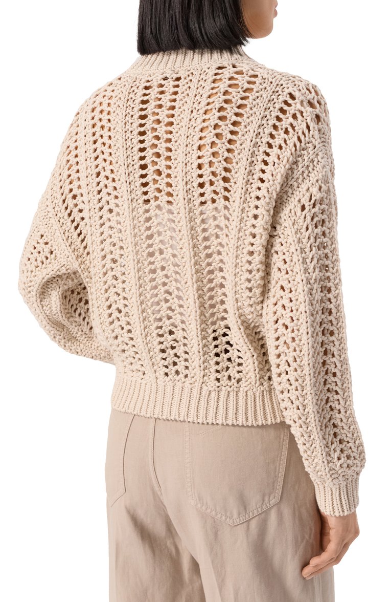 Женский хлопковый кардиган BRUNELLO CUCINELLI бежевого цвета, арт. M8E389106 | Фото 4 (Длина (для топов): Стандартные; Материал сплава: Проставлено; Драгоценные камни: Проставлено; Рукава: Длинные; Стили: Кэжуэл; Женское Кросс-КТ: кардиган-трикотаж; Материал внешний: Хлопок)