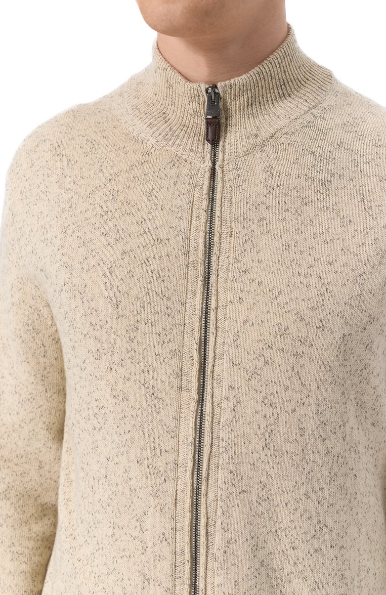 Мужской хлопковый кардиган CANALI бежевого цвета, арт. C1105/MK02266 | Фото 5 (Рукава: Длинные; Материал внешний: Хлопок; Длина (для топов): Стандартные; Стили: Кэжуэл; Мужское Кросс-КТ: Кардиган-одежда; Застежка: Молния)